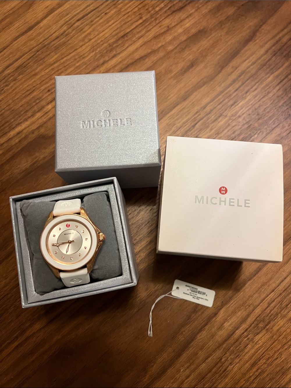 NWT - Michele Gold-Tone Case with White Strap Women's Watch